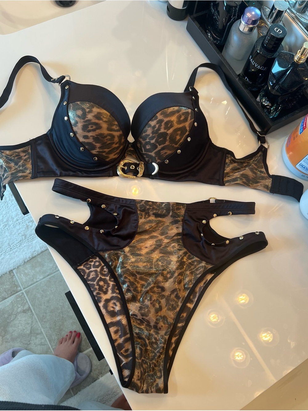 Honey Birdette Black & Gold Leopard Push-Up Bra with Matching Garter Set - Picture 3 of 6